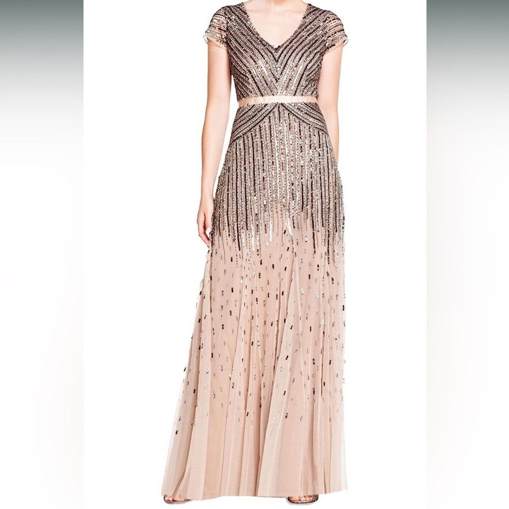 NWT Adrianna Papell Women's Cap Sleeve Linear Beaded Gown. Size 12 - Picture 12 of 13